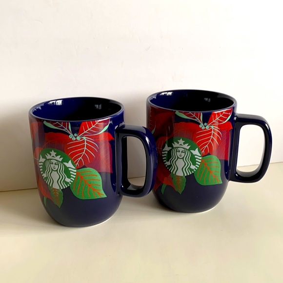 Starbucks Other - Starbucks Limited Edition 2020 Navy Poinsettia Christmas Holiday 2 Mugs 12oz